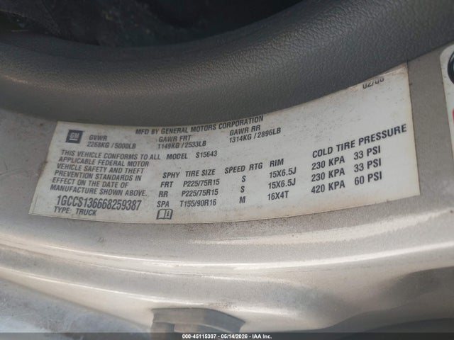 Продаж на аукціоні авто 2006 Chevrolet Colorado Lt, vin: 1GCCS136668259387, номер лоту: 45115307