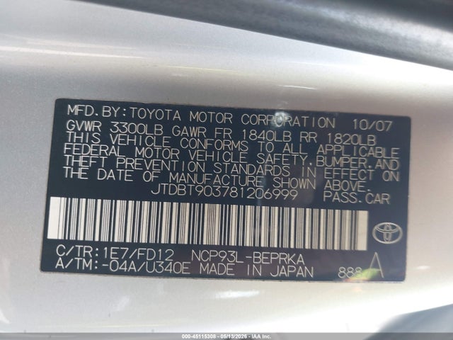 Продажа на аукционе авто 2008 Toyota Yaris, vin: JTDBT903781206999, номер лота: 45115308