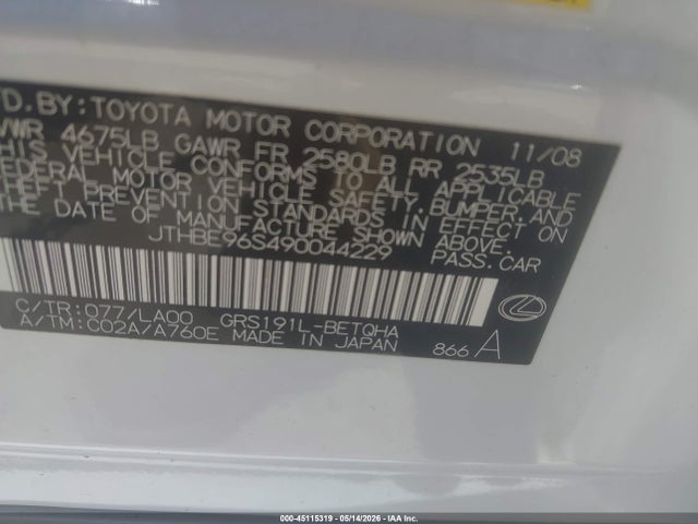 Продажа на аукционе авто 2009 Lexus Gs 350, vin: JTHBE96S490044229, номер лота: 45115319