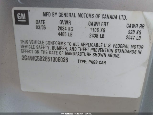 Aukcja sprzedaży 2005 Buick Lacrosse Cx, vin: 2G4WC532851306026, numer aukcji: 45115322