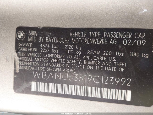 2009 Bmw 528i მანქანა იყიდება აუქციონზე, vin: WBANU53519C123992, აუქციონის ნომერი: 45115327