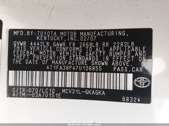 Aukcja sprzedaży 2007 Toyota Camry Solara Sle, vin: 4T1FA38P47U126855, numer aukcji: 45115336