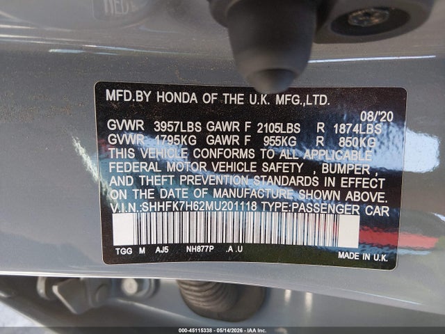 SHHFK7H62MU201118 Honda CIVIC EX