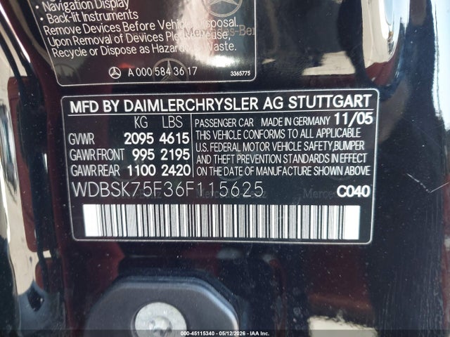 45115340 :رقم المزاد ، WDBSK75F36F115625 vin ، 2006 Mercedes-benz Sl 500 مزاد بيع