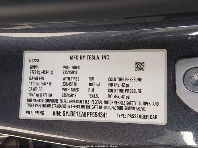 Продажа на аукционе авто 2023 Tesla Model 3 Rear-wheel Drive, vin: 5YJ3E1EA8PF554341, номер лота: 45115343