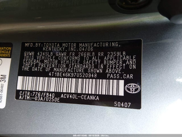 Aukcja sprzedaży 2007 Toyota Camry Le, vin: 4T1BE46K97U520948, numer aukcji: 45115346