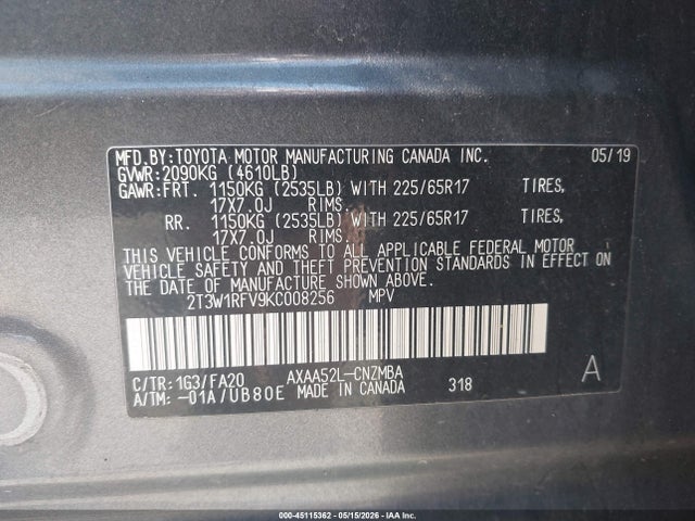 Aukcja sprzedaży 2019 Toyota Rav4 Xle, vin: 2T3W1RFV9KC008256, numer aukcji: 45115362