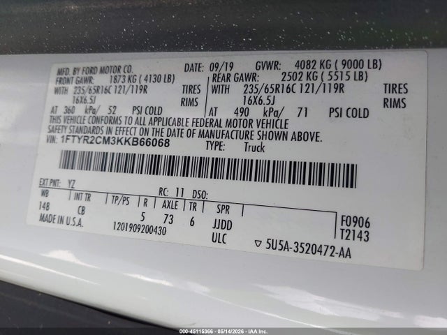 45115366 :رقم المزاد ، 1FTYR2CM3KKB66068 vin ، 2019 Ford Transit-250 مزاد بيع