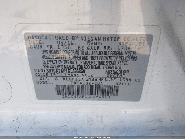 45115390 :رقم المزاد ، 3N1CN7AP1GL896859 vin ، 2016 Nissan Versa 1.6 S/1.6 S+/1.6 Sl/1.6 Sv مزاد بيع