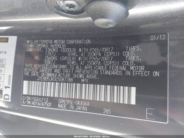 Aukcja sprzedaży 2012 Toyota 4runner Sr5, vin: JTEBU5JR3C5087788, numer aukcji: 45115398