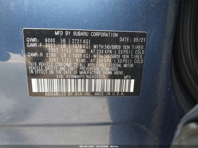 Aukcja sprzedaży 2021 Subaru Ascent Limited, vin: 4S4WMAPD1M3450379, numer aukcji: 45115401