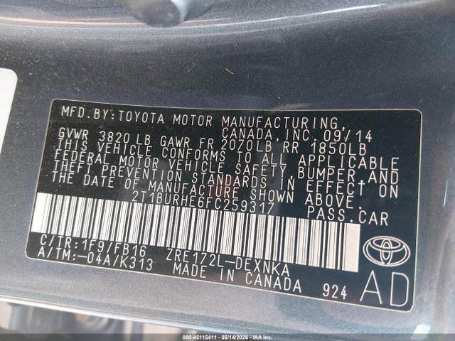 2015 Toyota Corolla Le მანქანა იყიდება აუქციონზე, vin: 2T1BURHE6FC259317, აუქციონის ნომერი: 45115411