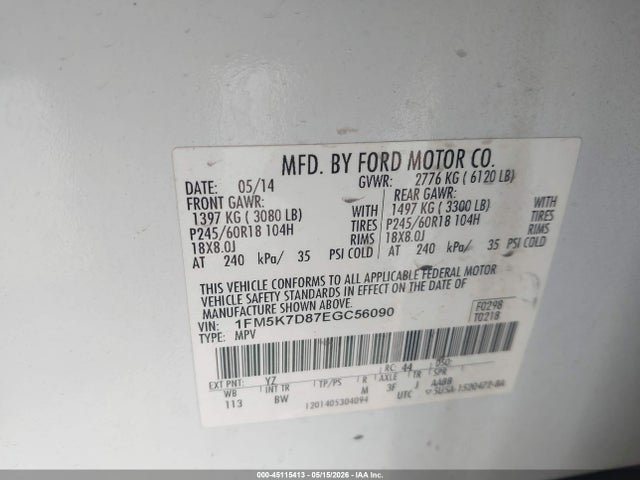 2014 Ford Explorer Xlt მანქანა იყიდება აუქციონზე, vin: 1FM5K7D87EGC56090, აუქციონის ნომერი: 45115413