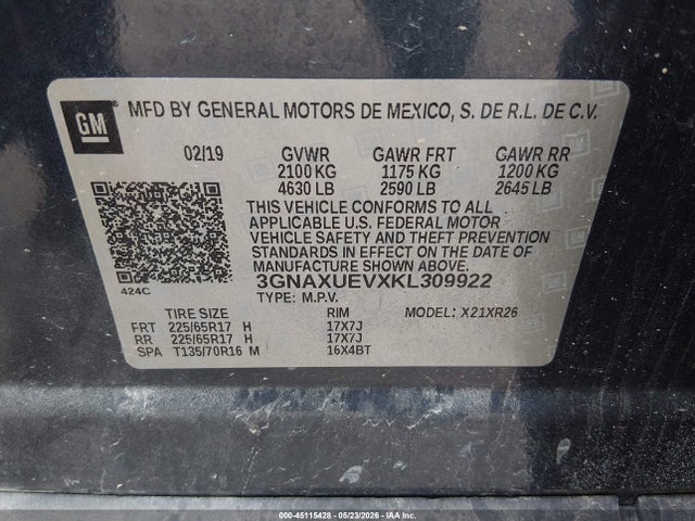 Продажа на аукционе авто 2019 Chevrolet Equinox Lt, vin: 3GNAXUEVXKL309922, номер лота: 45115428