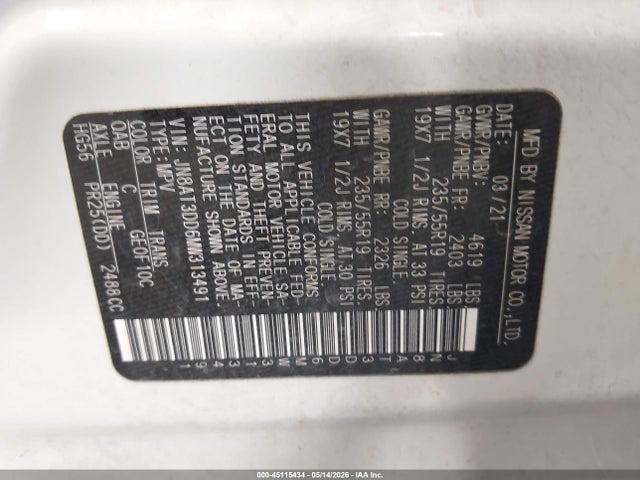 JN8AT3DD6MW313491 Nissan Rogue Platinum Intelligent Awd