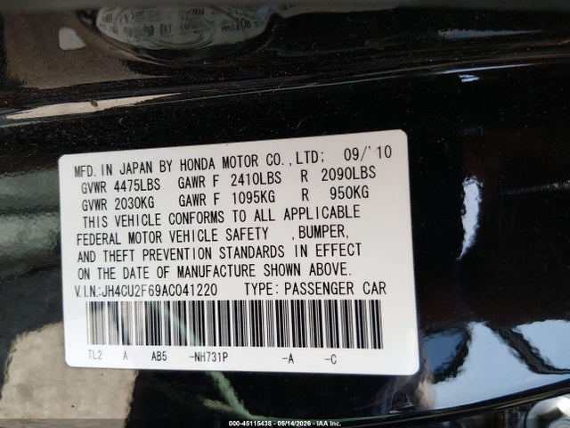 2010 Acura Tsx 2.4 მანქანა იყიდება აუქციონზე, vin: JH4CU2F69AC041220, აუქციონის ნომერი: 45115438