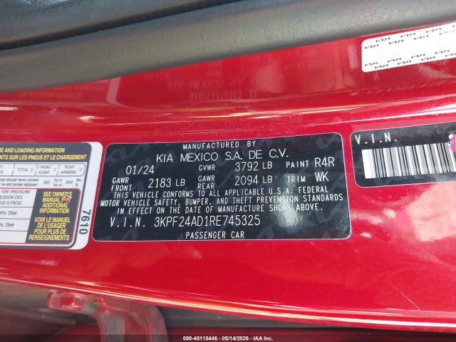 3KPF24AD1RE745325 KIA Forte Lxs
