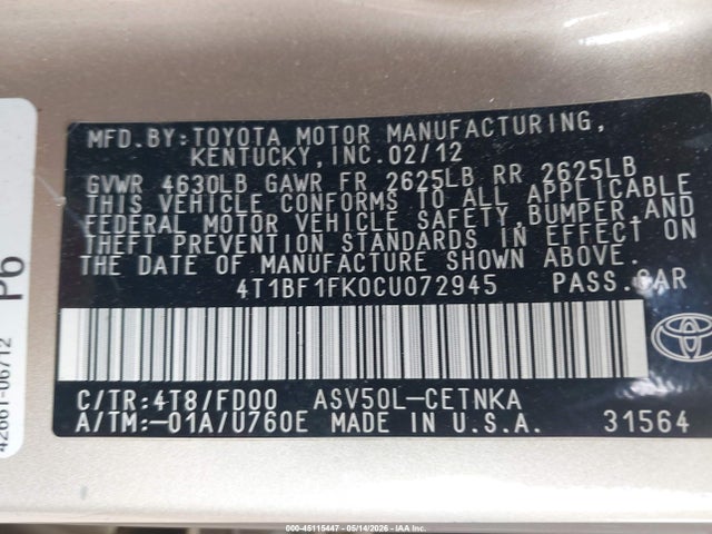 2012 Toyota Camry Le მანქანა იყიდება აუქციონზე, vin: 4T1BF1FK0CU072945, აუქციონის ნომერი: 45115447