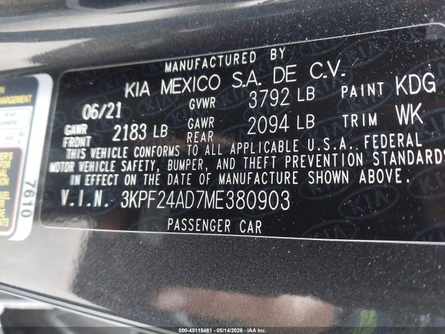 3KPF24AD7ME380903 KIA Forte Lxs