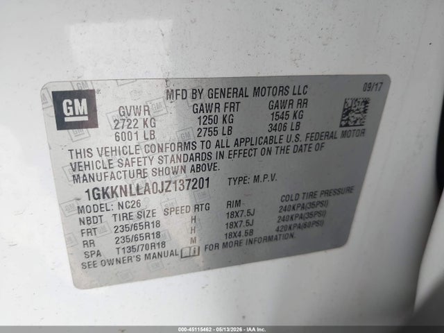 Продаж на аукціоні авто 2018 Gmc Acadia Sle-2, vin: 1GKKNLLA0JZ137201, номер лоту: 45115462