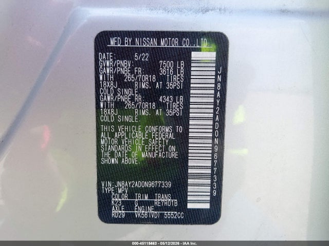 JN8AY2AD0N9677339 Nissan Armada S 4wd