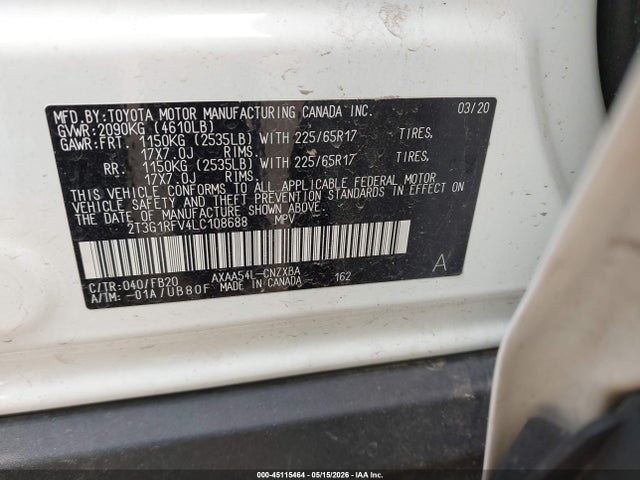 45115464 :رقم المزاد ، 2T3G1RFV4LC108688 vin ، 2020 Toyota Rav4 Le مزاد بيع