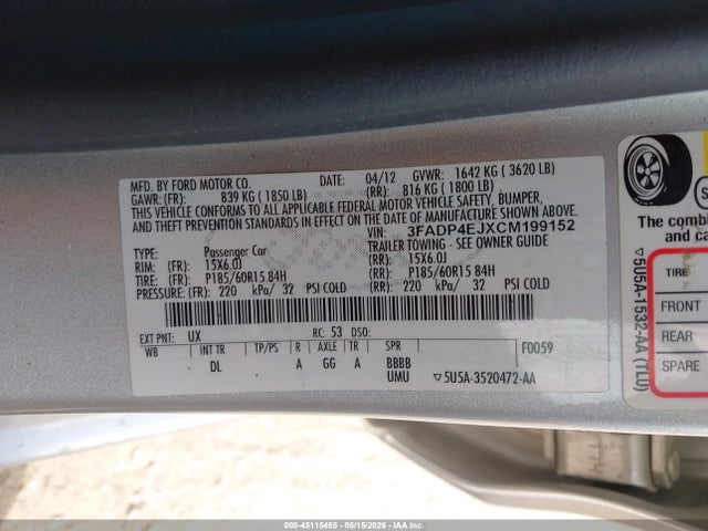 Продаж на аукціоні авто 2012 Ford Fiesta Se, vin: 3FADP4EJXCM199152, номер лоту: 45115465