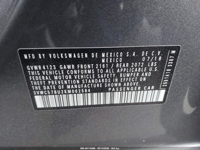 45115466 :رقم المزاد ، 3VWC57BU2KM062584 vin ، 2019 Volkswagen Jetta 1.4t R-line/1.4t S/1.4t Se مزاد بيع