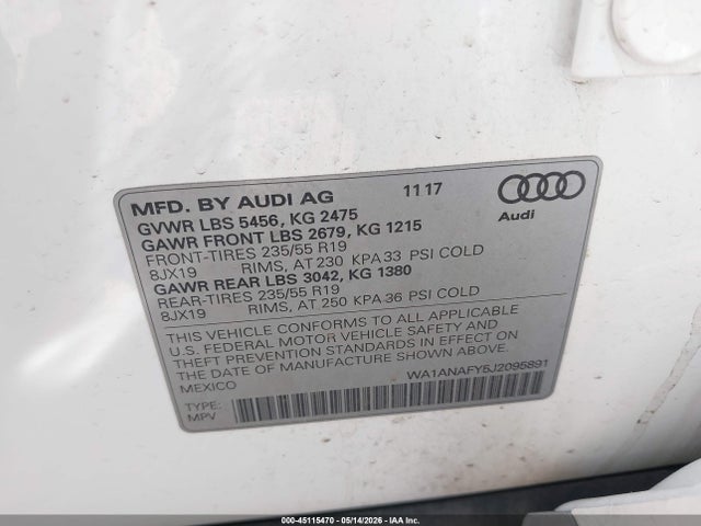45115470 :رقم المزاد ، WA1ANAFY5J2095891 vin ، 2018 Audi Q5 2.0t Premium/2.0t Tech Premium مزاد بيع