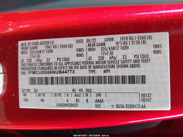 2022 Ford Escape Se მანქანა იყიდება აუქციონზე, vin: 1FMCU0G66NUB44773, აუქციონის ნომერი: 45115471