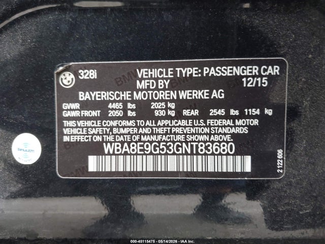 2016 Bmw 328i მანქანა იყიდება აუქციონზე, vin: WBA8E9G53GNT83680, აუქციონის ნომერი: 45115475
