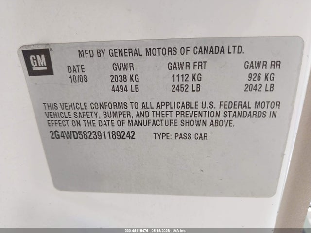 45115476 :رقم المزاد ، 2G4WD582391189242 vin ، 2009 Buick Lacrosse Cxl مزاد بيع