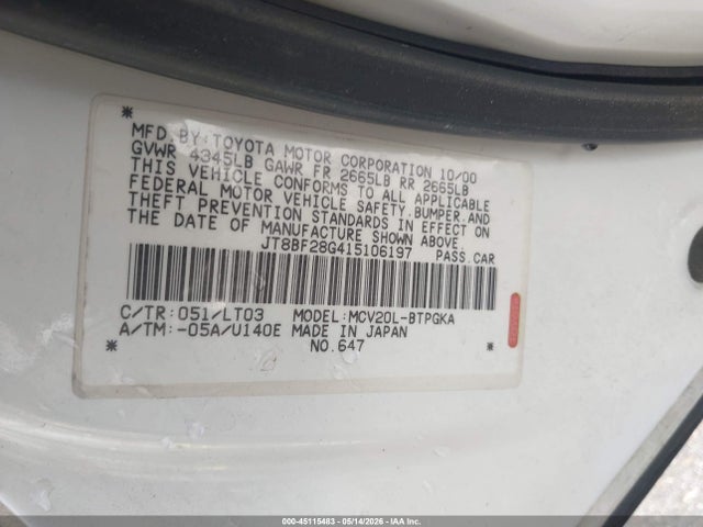 Aukcja sprzedaży 2001 Lexus Es 300, vin: JT8BF28G415106197, numer aukcji: 45115483