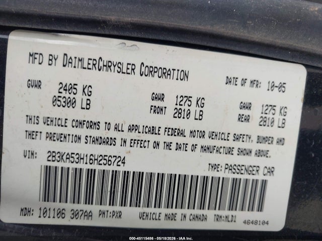 Продаж на аукціоні авто 2006 Dodge Charger Rt, vin: 2B3KA53H16H256724, номер лоту: 45115486