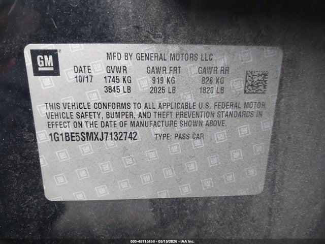 Продаж на аукціоні авто 2018 Chevrolet Cruze Lt Auto, vin: 1G1BE5SMXJ7132742, номер лоту: 45115490