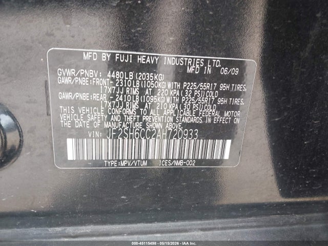 Продаж на аукціоні авто 2010 Subaru Forester 2.5x Premium, vin: JF2SH6CC2AH720933, номер лоту: 45115498