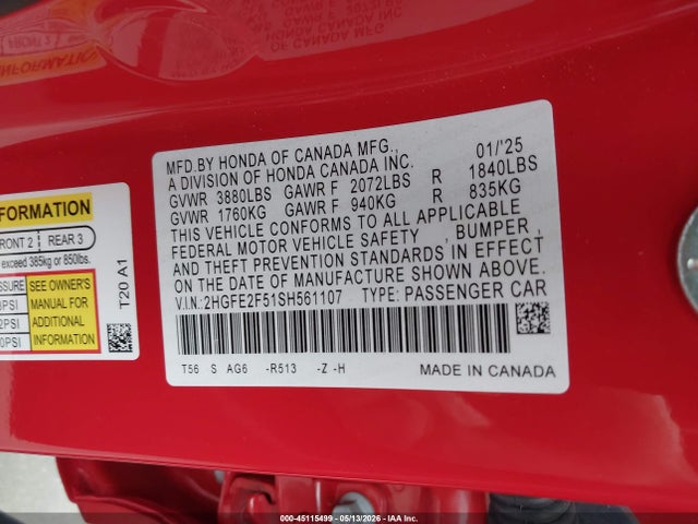 Продажа на аукционе авто 2025 Honda Civic Sport, vin: 2HGFE2F51SH561107, номер лота: 45115499