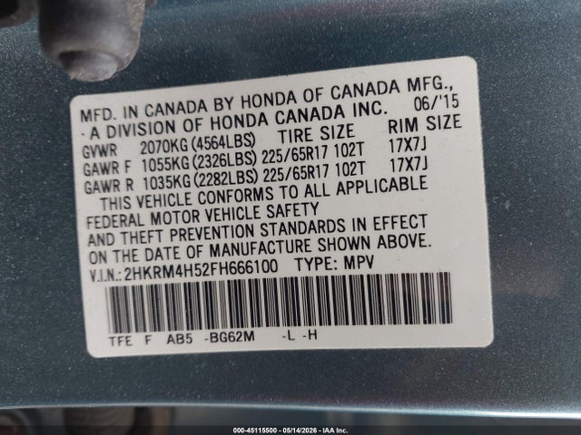 Продаж на аукціоні авто 2015 Honda Cr-v Ex, vin: 2HKRM4H52FH666100, номер лоту: 45115500