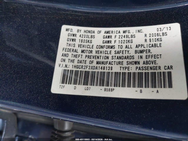 Продаж на аукціоні авто 2013 Honda Accord Lx, vin: 1HGCR2F3XDA148139, номер лоту: 45115503
