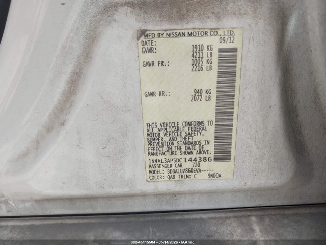 Aukcja sprzedaży 2013 Nissan Altima 2.5 Sv, vin: 1N4AL3AP5DC144386, numer aukcji: 45115504