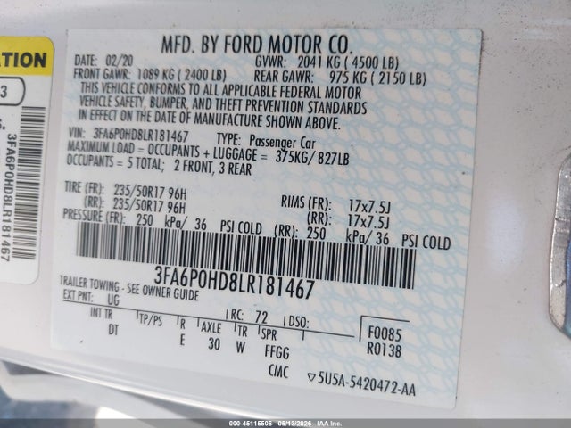 Продаж на аукціоні авто 2020 Ford Fusion Se, vin: 3FA6P0HD8LR181467, номер лоту: 45115506