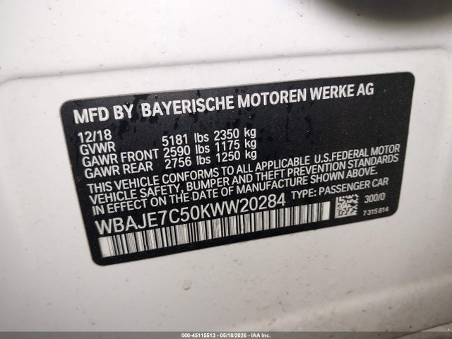 Продаж на аукціоні авто 2019 Bmw 540i Xdrive, vin: WBAJE7C50KWW20284, номер лоту: 45115513