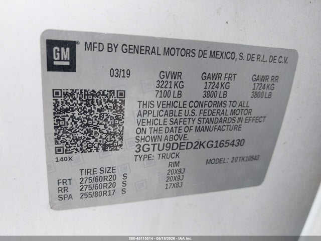 Aukcja sprzedaży 2019 Gmc Sierra 1500 Slt, vin: 3GTU9DED2KG165430, numer aukcji: 45115514