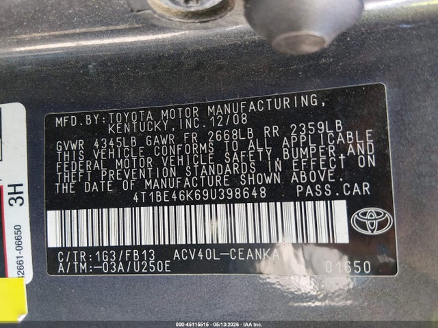 2009 Toyota Camry Le მანქანა იყიდება აუქციონზე, vin: 4T1BE46K69U398648, აუქციონის ნომერი: 45115515