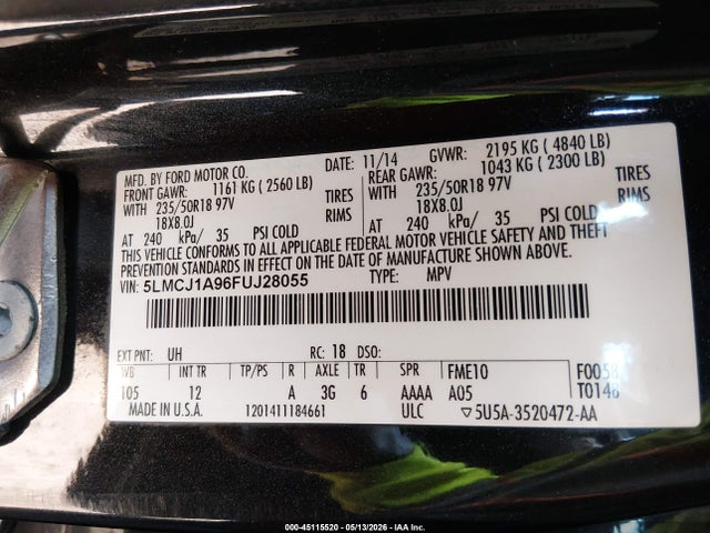 45115520 :رقم المزاد ، 5LMCJ1A96FUJ28055 vin ، 2015 Lincoln Mkc مزاد بيع