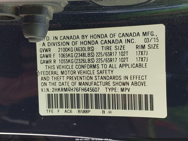 2HKRM4H76FH645607 Honda Cr-v Ex-l