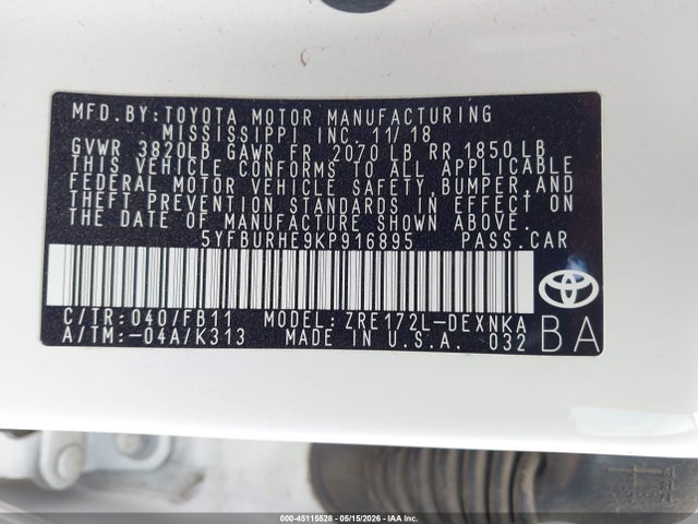 2019 Toyota Corolla Le მანქანა იყიდება აუქციონზე, vin: 5YFBURHE9KP916895, აუქციონის ნომერი: 45115528