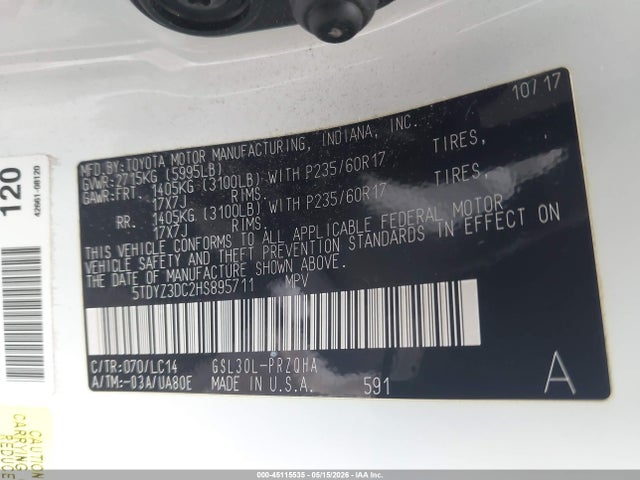 5TDYZ3DC2HS895711 Toyota Sienna Xle 8 Passenger