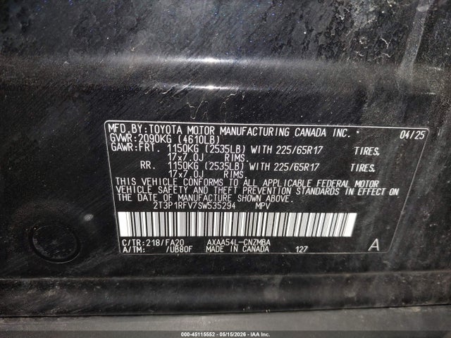 2025 Toyota Rav4 Xle მანქანა იყიდება აუქციონზე, vin: 2T3P1RFV7SW535294, აუქციონის ნომერი: 45115552
