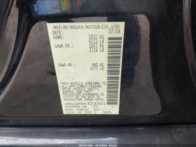 1N4AL3APXFN323501 Nissan Altima 2.5/2.5 S/2.5 Sl/2.5 Sv